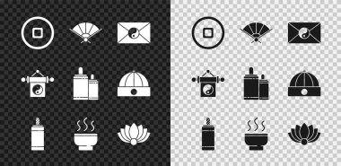 Set Chinese Yuan currency Paper chinese folding fan Yin Yang and envelope Firework tea ceremony Lotus flower and icon. Vector.