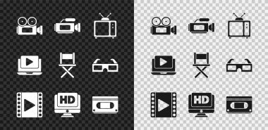 Set Cinema camera Retro tv Play Video Monitor with HD video VHS cassette tape Online play and Director movie chair icon. Vector.