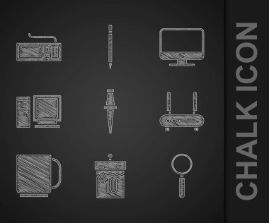 Set Push pin Calendar Magnifying glass Router and wi-fi signal Coffee cup Computer monitor screen and Keyboard icon. Vector.