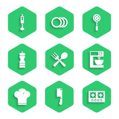 Set Crossed fork and spoon Meat chopper Gas stove Electric mixer Chef hat Pepper Spatula and Blender icon. Vector.