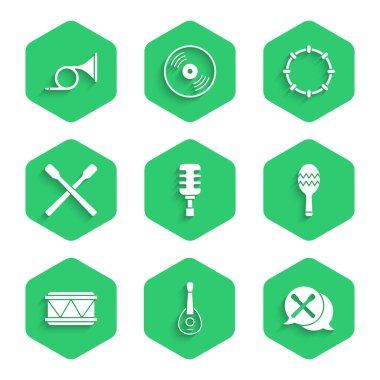 Set Microphone Guitar Drum sticks Maracas Tambourine and Trumpet icon. Vector.