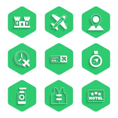 Set Airline ticket Life jacket Signboard with text Hotel Compass Sunscreen spray bottle Clock airplane Location and Sand castle icon. Vector.