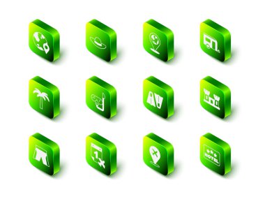 Set Elegant women hat Location on the globe Rv Camping trailer Sand castle Signboard with text Hotel Rubber flippers for swimming Plane and Calendar airplane icon. Vector.