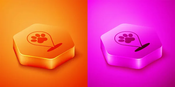 Isometric Map pointer with veterinary medicine hospital, clinic or pet shop for animals icon isolated on orange and pink background. Veterinarian clinic. Hexagon button. Vector.