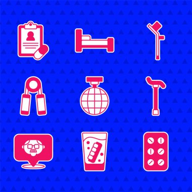 Set Disco ball False jaw in glass Pills blister pack Walking stick cane Grandfather Sport expander Crutch crutches and Medical prescription icon. Vector.