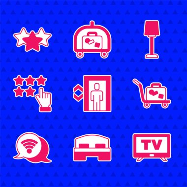 Set Lift Hotel room bed Smart Tv Trolley suitcase Wi-Fi wireless internet Stars rating Table lamp and icon. Vector.