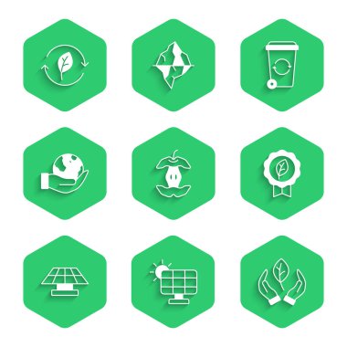 Set Apple core Solar energy panel Leaf in hand Eco symbol Hand holding Earth globe Recycle bin and with leaf icon. Vector.