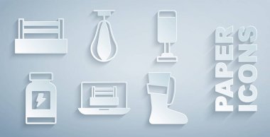 Set Boxing ring Punching bag Energy drink Sport boxing shoes and icon. Vector.