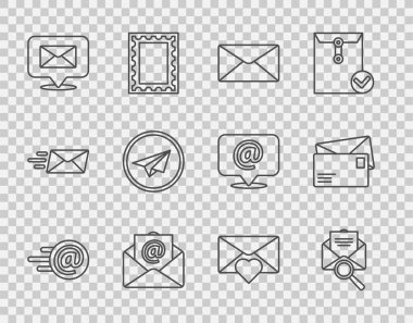 Set line Mail and e-mail Envelope with magnifying glass Speech bubble envelope Paper plane Valentine heart and icon. Vector.