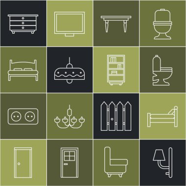 Set line Wall sconce Bed Toilet bowl Wooden table Chandelier Big bed Chest of drawers and Library bookshelf icon. Vector.