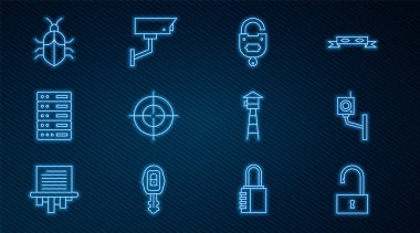 Set line Open padlock Security camera Lock and key Target sport Server Data Web Hosting System bug concept Watch tower and icon. Vector.