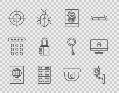 Set line Passport Security camera Fingerprint Server Data Web Hosting Target Safe combination lock Motion sensor and Lock computer monitor icon. Vector.