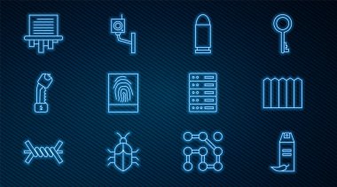 Set line Pepper spray Garden fence wooden Bullet Fingerprint Police electric shocker Paper shredder Server Data Web Hosting and Security camera icon. Vector.