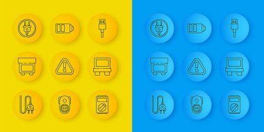 Set line Electric plug Fuse Exclamation mark in triangle Multimeter USB cable cord and Battery charge level indicator icon. Vector.