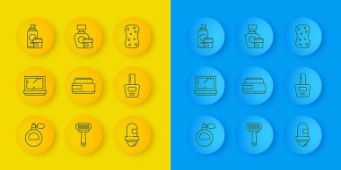 Set line Perfume Makeup powder with mirror Cream lotion cosmetic tube Antiperspirant deodorant roll Nail polish bottle Sponge bubbles and icon. Vector.