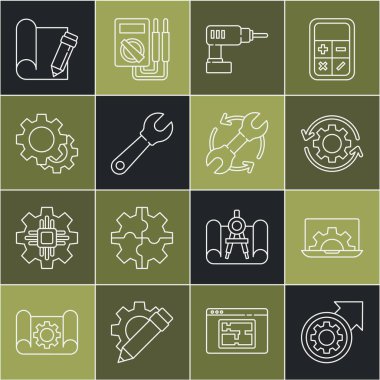 Set line Gear and arrows as workflow process Laptop gear Electric drill machine Wrench spanner Graphing paper pencil and icon. Vector.
