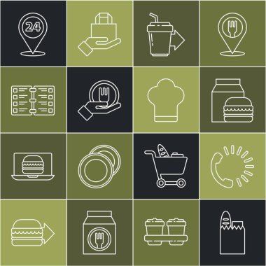 Set line Shopping bag and food Food ordering Online burger delivery Coffee cup to go Restaurant cafe menu Round the clock and Chef hat icon. Vector.
