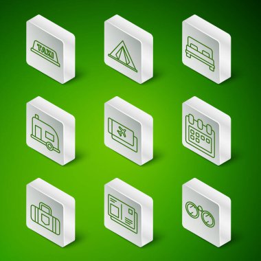 Set line Binoculars Passport with visa stamp Taxi car roof Airline ticket Rv Camping trailer Tourist tent Suitcase and Calendar icon. Vector.