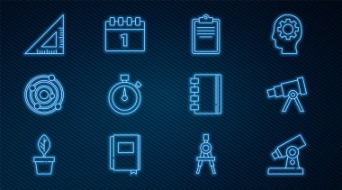 Set line Microscope Telescope Clipboard with checklist Stopwatch Solar system Triangular ruler Spiral notebook and Calendar first september date icon. Vector.