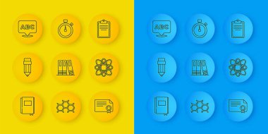 Set line Book Pencil with eraser Office folders Certificate template Atom Alphabet Clipboard checklist and Stopwatch icon. Vector.
