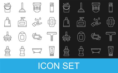 Set line Tube of toothpaste Rubber cleaner Sanitary napkin Epilator Bottle shampoo for cleaning agent Bucket with soap suds and Washing hands icon. Vector.