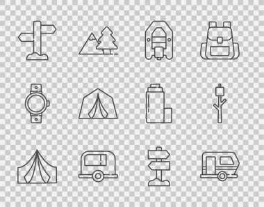 Set line Tourist tent Rv Camping trailer Rafting boat Road traffic signpost and Marshmallow on stick icon. Vector.