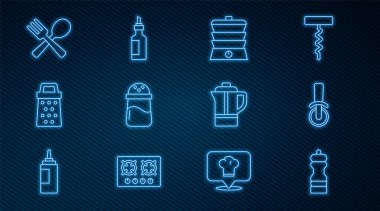 Set line Pepper Pizza knife Slow cooker Salt Grater Crossed fork and spoon Teapot and Bottle of olive oil icon. Vector.
