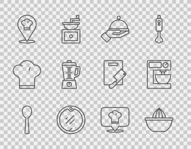 Set line Spoon Citrus fruit juicer Covered with tray Cutting board Chef hat location Blender and Electric mixer icon. Vector.