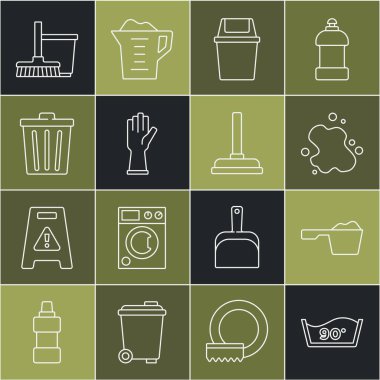 Set line Temperature wash Washing powder Water spill Trash can Rubber gloves Mop and bucket and plunger icon. Vector.