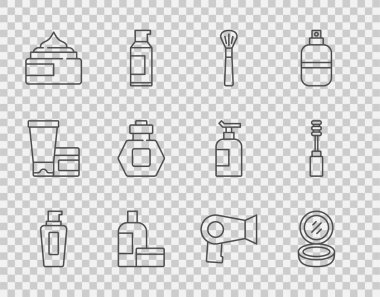 Set line Bottle of shampoo Makeup powder with mirror brush Cream lotion cosmetic tube Perfume Hair dryer and Mascara icon. Vector.