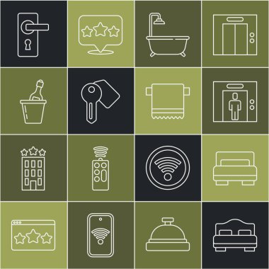 Set line Hotel room bed Lift Bathtub with shower door lock key Champagne in an ice bucket Door handle and Towel on hanger icon. Vector.
