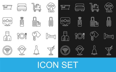 Set line Martini glass Hotel room bed Suitcase Remote control Five stars rating review Bathtub and icon. Vector.