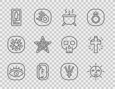 Set line Masons Sun Witch cauldron Magic runes Tarot cards Pentagram Neptune planet and Christian cross icon. Vector.