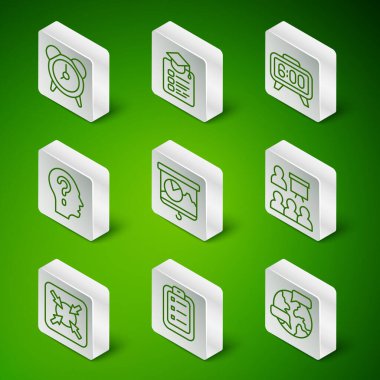 Set line Worldwide To do list planning Alarm clock Chalkboard with chart Head question mark Online education Target and Training presentation icon. Vector.