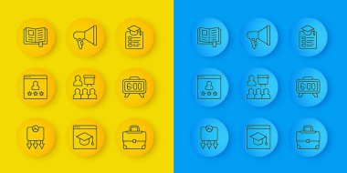 Set line Weight loss Customer product rating Training presentation Briefcase Digital alarm clock Reading book Online education and Megaphone icon. Vector.