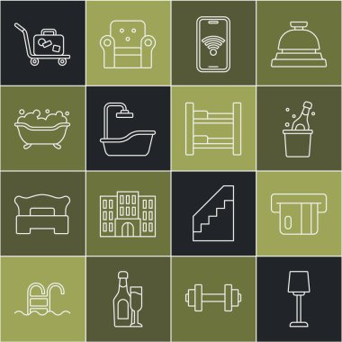 Set line Table lamp Credit card Bottle of champagne Mobile with wi-fi wireless Bathtub Trolley suitcase and Hotel room bed icon. Vector.