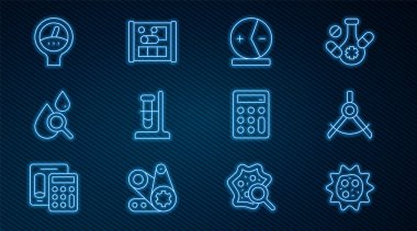 Set line Virus Drawing compass Atom Test tube flask on stand Drop magnifying glass Gauge scale Calculator and Graphing paper for engineering icon. Vector.