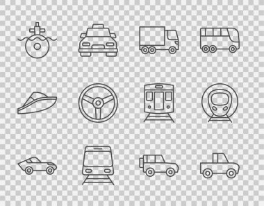 Set line Car Pickup truck Delivery cargo Train and railway Submarine Steering wheel Off road and icon. Vector.