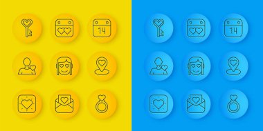 Set line Heart Romantic man girl Wedding rings Location with heart Key shape Calendar February 14 and icon. Vector.