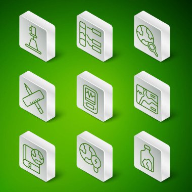 Set line Ore mining Global planet with bulb Tacheometer theodolite Seismograph Crossed ruler and pencil Soil analysis Earth globe book and Topographic map icon. Vector.