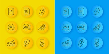 Set line Growth arrow with gold bars Gold Jewelry store medal exchange money 24k ring and icon. Vector.