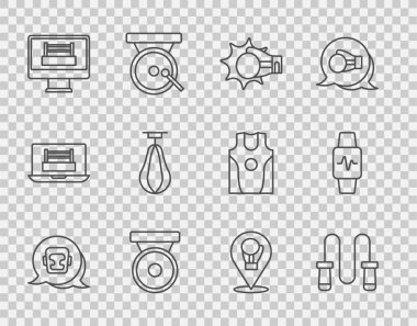 Set line Boxing helmet Jump rope Punch boxing glove gong ring Punching bag and Smart watch with heart icon. Vector.