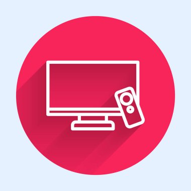 Beyaz çizgi Akıllı TV simgesi uzun gölge arkaplanı ile izole edildi. Televizyon tabelası. Kırmızı daire düğmesi. Vektör.