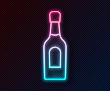 Parlayan neon hattı, siyah arka planda izole edilmiş şampanya şişesi ikonu. Vektör.