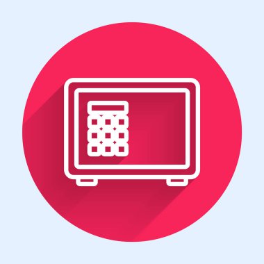 Beyaz çizgi Güvenli simgesi uzun gölge arkaplanı ile izole edildi. Kapı, şifreli bir banka kasası. Güvenilir Veri Koruma. Kırmızı daire düğmesi. Vektör.