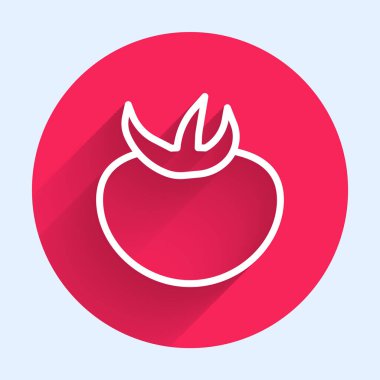 White line Tomato icon isolated with long shadow background. Red circle button. Vector.