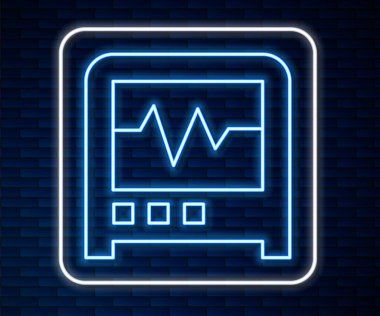 Glowing neon line Seismograph icon isolated on brick wall background. Earthquake analog seismograph. Vector.