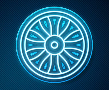 Mavi arka planda izole edilmiş araba simgesi için parlayan neon hat alloy tekerleği. Vektör.