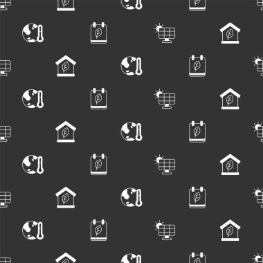 Set Solar energy panel Eco friendly house Earth melting to global warming and Calendar with autumn leaves on seamless pattern. Vector.