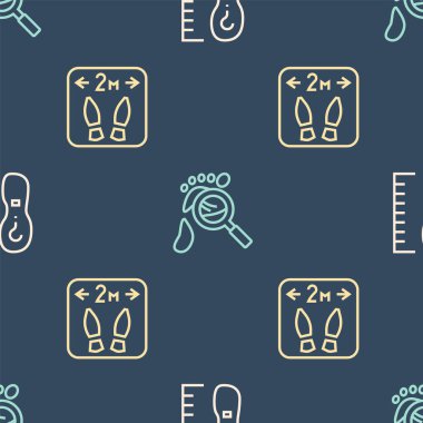 Set line Square measure foot size, Safe distance and Magnifying glass with footsteps on seamless pattern. Vector.
